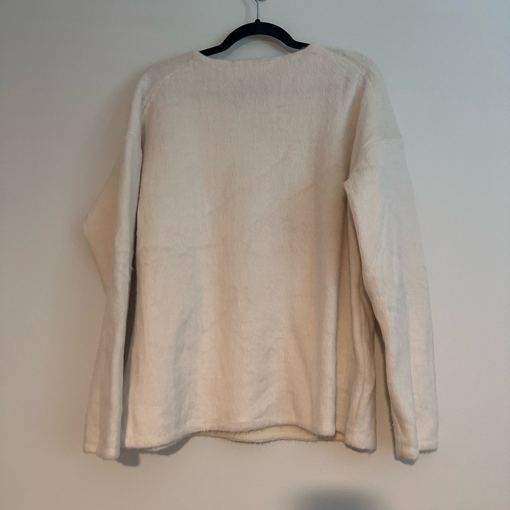 Theory Faux Fur Wool Blend Sweatshirt White Boat Neck Luxury Top Sweater Women L